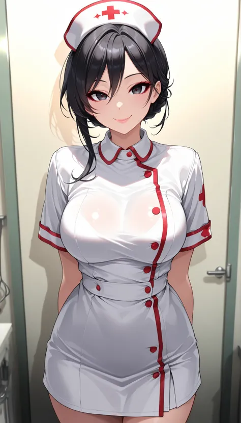 1 Female, Pretty beautiful girl, (( black nurse outfit, nurse uniform with red accents,  black hair, Folded braid)), Pure Bitch, Captivating Body, ( drop your gaze ,  Smile),  sexy body,  beautiful eyes,  beautiful lips,  long eyelashes, (Standing by the w...