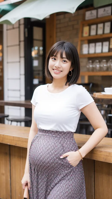 masterpiece, Best Quality, 8K,looking at the viewer,Japanese Lady,20 years old, huge pregnant, Voluptuous, coffee shop background, plain peplum shirt, midi skirt, short bob hair, smile, standing 