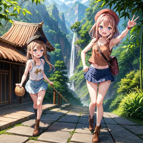 pink brown brown gold hair、  blue eyes、  Has hair tied  、Two cute people、  check mini skirt、  black t-shirt、 Light clothing、  tank top、  camisole、 high socks、 Boots、 teeth inside、  The Road Is Crooked 、Mountain々、Stick together  、 bamboo forest、 chest pocke...