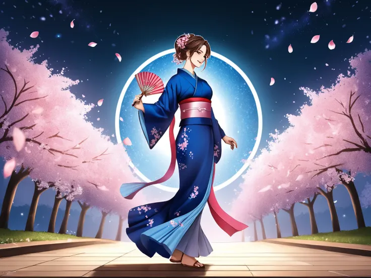  anime style、hand-drawn anime、Moe art、Weeping cherry blossoms at night 、Illuminated by blue neon light、 young beauty dancing gracefully in Japanese dance 、A beautiful man gracefully holds a fan with his right hand、The fan is 120 degrees 、 happy smile 、 sle...