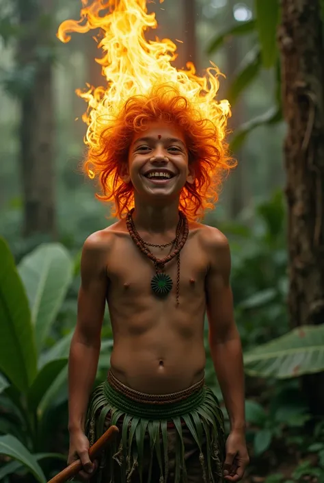 indigenous boy, With fiery red hair, on fire, flaming. Grilled eyes. Laughing out loud.  shirtless underwear. Wearing a thong made from green leaves. It has a border, Indian club on one hand. It's in a dense rainforest. Amazon rainforest. Front view in the...