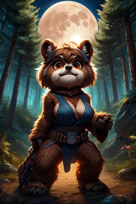 star wars, ewok female, 1girl, breasts, Forest, large moon,