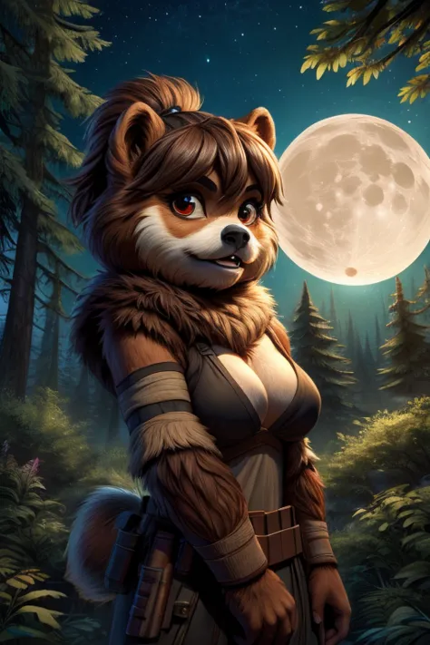 star wars, ewok female, 1girl, breasts, Forest, large moon,