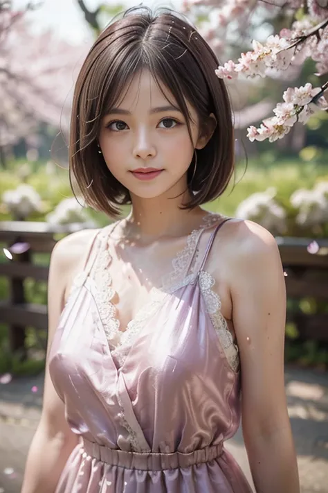 (8k, RAW photo, photorealistic, HQ, masterpiece), a cute Japanese woman, (glowing eyes), (from below:1.2), 
(shy smile), brown hair, Very short bob, bob cut, (Violet color dress:1.2, sleeveless long dress, elegant lace silk fabric dress:1.2), large breasts...