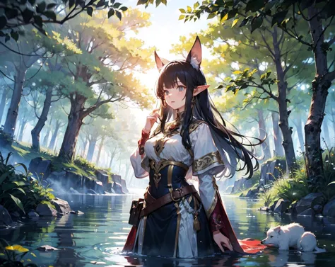 Alta resunución,  masterpiece,  the best quality,  tall details ,  very detailed, A lake, sesper background ,  large trees,Forested forest, brilliant water, sun, animal,  a woman, elf race, Multiply poses 