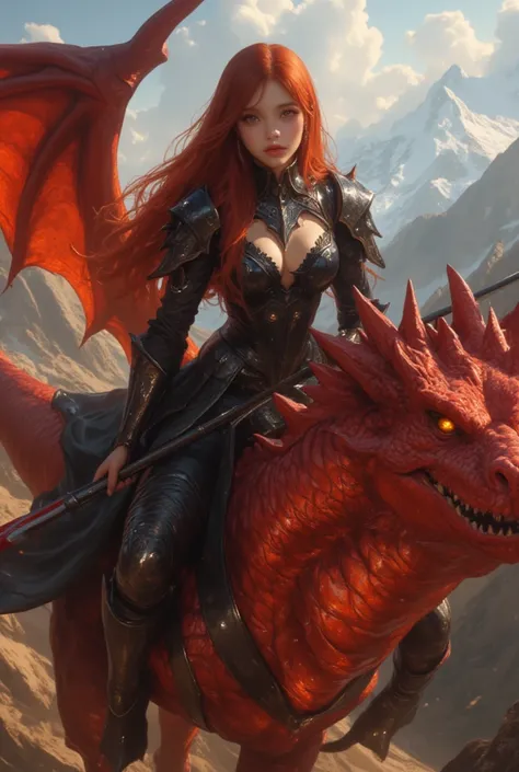 dragon rider, beautiful female, with red hair, she is wearing beautiful black warrior armor dress, and holding a black spear with red blade, she is riding a red winged dragon, the dragon has yellow eyes and fire breath, the dragon is flying, the background...