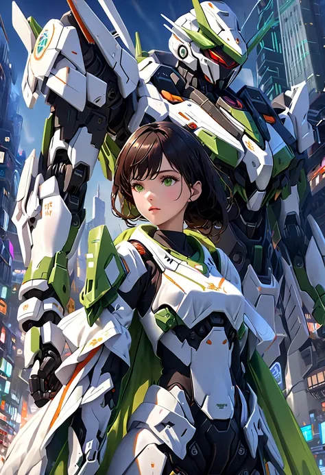   best image quality , Unresolved Details ,   super high resolution , ( realism: 1.4),  best illustration, ,  one very condensed girl ,   has a delicate and beautiful face,  black and green mecha,  wearing a mecha helmet ,  holding a direction control devi...