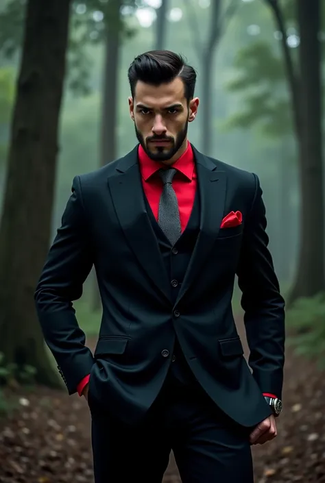 Tall and strong handsome man with short hair and short beard dressed in a 3-piece black suit wearing a red shirt and gray tie using a sword in combat posture in a shady forest