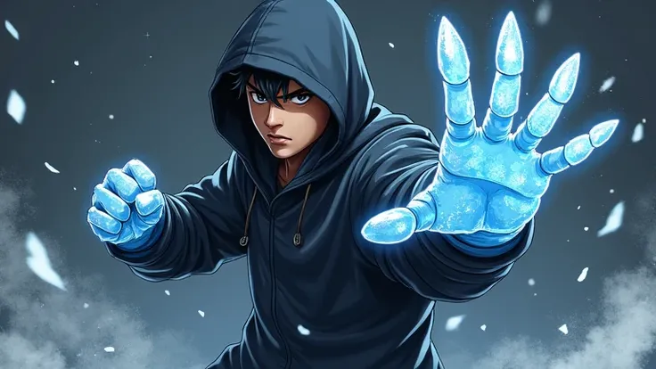 A strong anime-style young man with a black hoodie without showing his face with a claw that comes off the effect of ice,  He is in a fighting position  