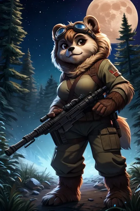 star wars, ewok female, 1girl, breasts, Forest, large moon, holding a rifle, goggles on head.