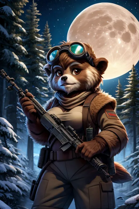 star wars, ewok female, 1girl, breasts, Forest, large moon, holding a rifle, goggles on head.