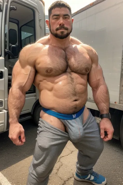 A portrait full body photograph A tractive mid age Japanese, heavy trucker-driver, balg Strong, muscular, hairy big belly bodybuilder, very short hair, very short goatee, huge nice bulge, wearing a very small lemon yellow jockstrap showing pubis, epic real...