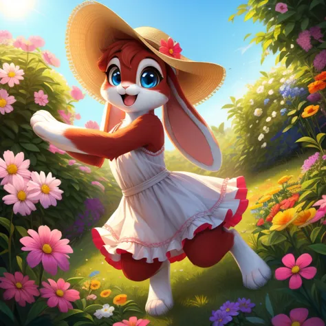 score_9, score_8_up, score_7_up, score_6_up, score_5_up, score_4_up, ((rabbit))), solo, (cute, feral:1.2), female, red fur, blue eyes, sun dress, sun hat, holding flower, garden, flowers, summer, (from above), (dutch angle:1.3), (dynamic pose), looking at ...