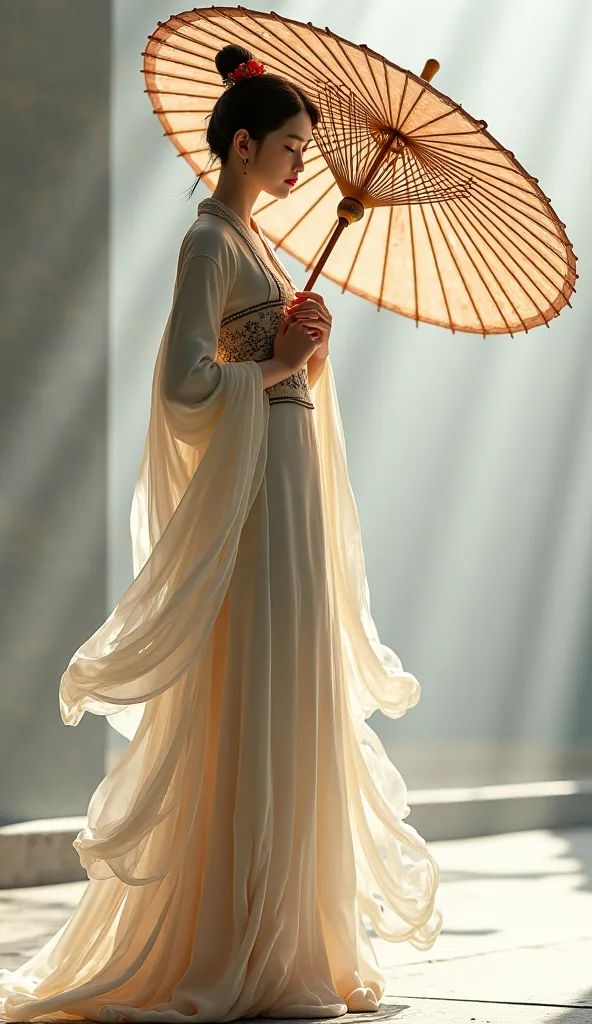 Award-winning photography,  high quality,  3D porcelain painting ，Depicts a person dressed in flowing traditional Chinese clothing， depicts an Asian princess woman with a bamboo umbrella ,  in romantic comic style , Ethereal and transparent ,  dark beige a...