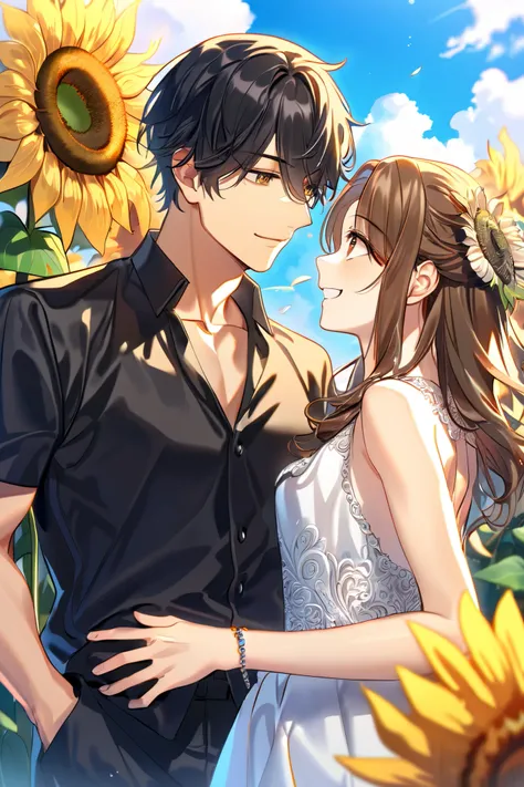 absurdres, highres, ultra detailed, HDR, master 
, best quality, delicated features, couples,male character and female character,looking at each other, happy, sunflower, outside, sunny, bright

- Male character: black hair, amber eyes, handsome , black cas...