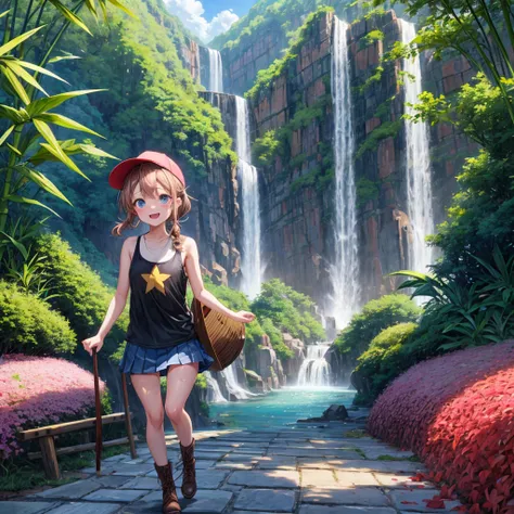 pink brown brown gold hair、  blue eyes、  Has hair tied  、Two cute people、  check mini skirt、  black t-shirt、 Light clothing、  tank top、  camisole、 high socks、 Boots、 teeth inside、  The Road Is Crooked 、Mountain々、Stick together  、 bamboo forest、 chest pocke...