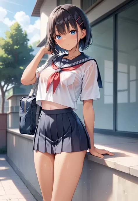 masterpiece, best quality, delicate illustration,ultra detailed skin,  Black Hair, 
(1girl:1.2), (tan:1.0), (see-through) (summer school uniform:1.1), (micro mini skirt:1.35), (it is see-through Navy skirt), (ass:0.5), (no panties:1.0), (love juice), (Goin...