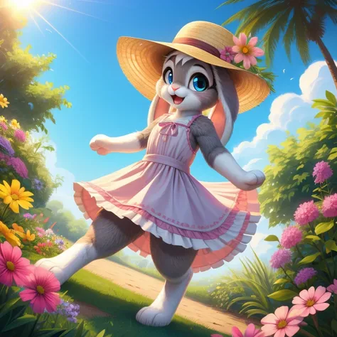 score_9, score_8_up, score_7_up, score_6_up, score_5_up, score_4_up, ((rabbit))), solo, (cute, feral:1.2), female, grey fur, blue eyes, sun dress, sun hat, holding flower, garden, flowers, summer, (from above), (dutch angle:1.3), (dynamic pose), looking at...