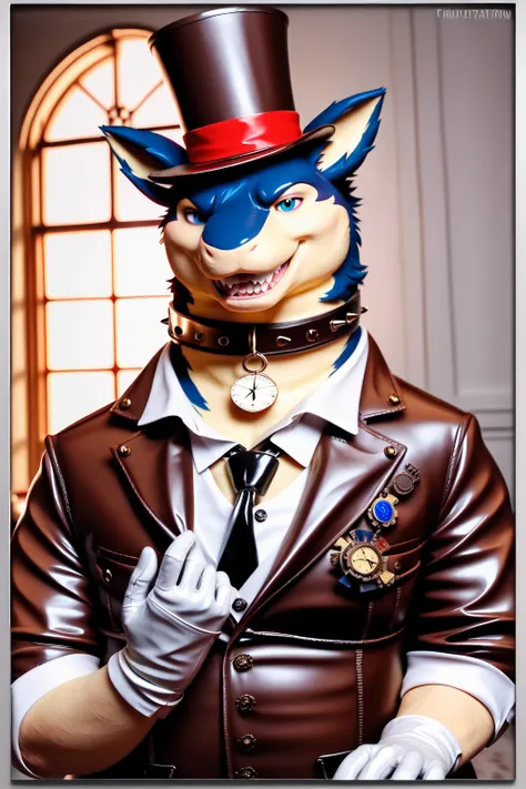 Solo, Male, fat, musclegut, obese, steampunk, gentleman, dapper Typhlosion, blue eyes, wearing a big leather collar around his neck, (Leather Collar:1.3), (artist:Takemoto Arashi), (soft shading), 4k, hi res, ((detailed face, detailed)), looking at viewer,...