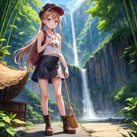 pink brown brown gold hair、  blue eyes、  Has hair tied  、Two cute people、  check mini skirt、  black t-shirt、 Light clothing、  tank top、  camisole、 high socks、 Boots、 teeth inside、  The Road Is Crooked 、Mountain々、Stick together  、 bamboo forest、 chest pocke...