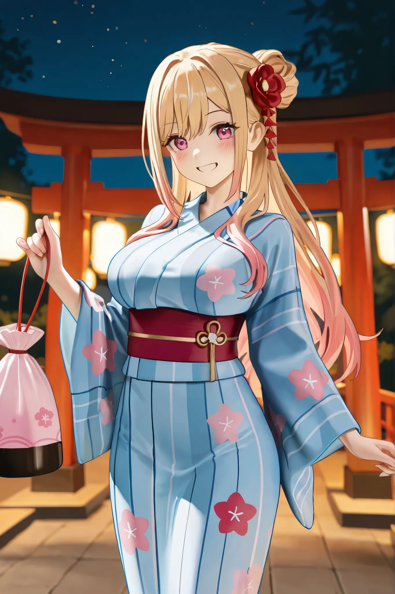 NSFW, Masterpiece, best quality, high resolution, very detailed, Marin Kitagawa background\( that dress-up doll falls in love\), long hair、bangs、 blonde hair、 Red、 multicolor hair 、 pink hair, kimono、 kimono、bag、band、Floral、yukata、黒 kimono、 bun hair、 singl...