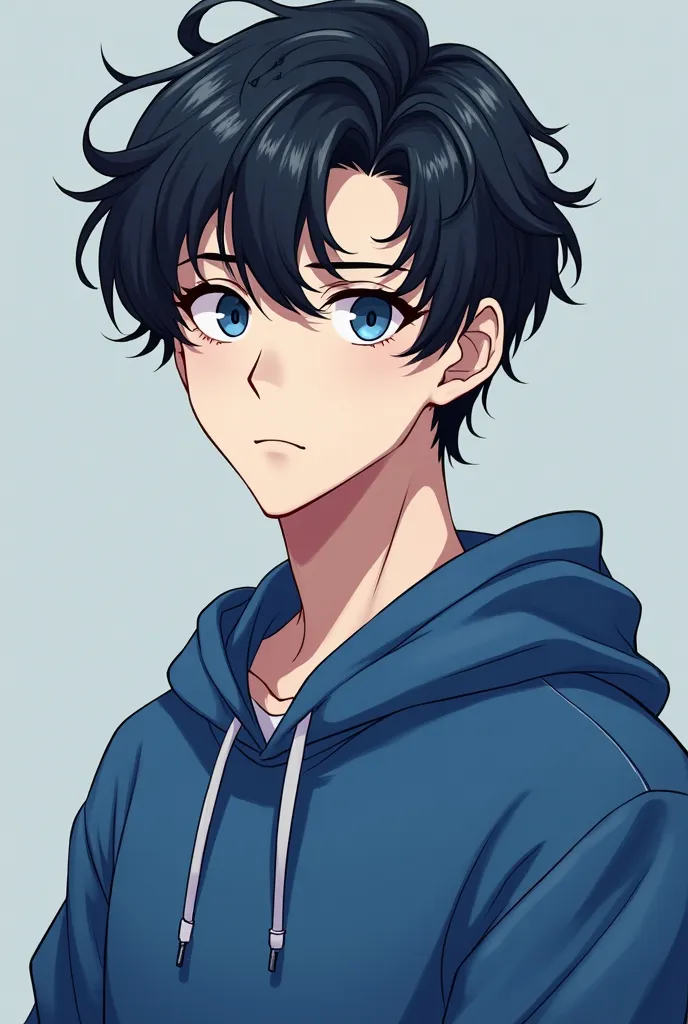  A 15-year-old boy , hair (, negro, wavy),  whose skin is white , Let it be self-portrait ,  a little muscular, handsome,  blue sweatshirt,  following the artistic trend of the anime. 