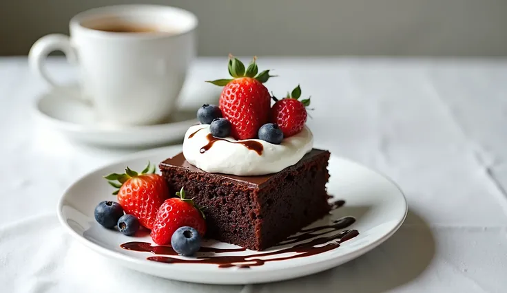 A slice of beautifully decorated, low-sugar chocolate cake is elegantly served with Greek yogurt, fresh berries and a drizzle of melted dark chocolate. A cup of coffee sits nearby on a white table, creating a cozy and inviting dessert experience.