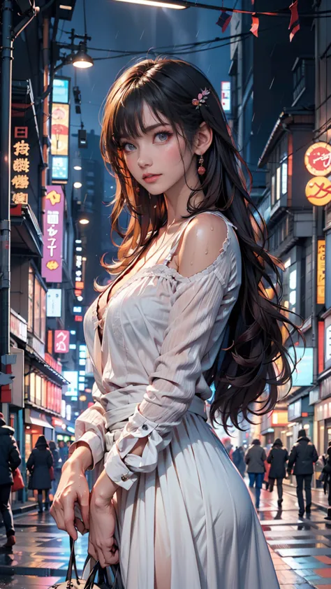 8k,  RAW Photo,  best quality,  masterpiece:1.2),( by Nomi, photo- by Nomi:1.37),tokyo street,  night , rain,  wet, cityscape,  night ,   Cyberpunk City,Soft light, 1 girl,,  very beautiful face  , Bust,Put your hands down , Search 。 hairstyle is random , ...