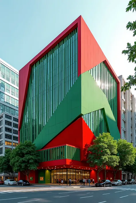 modern administrative red green building in city environment