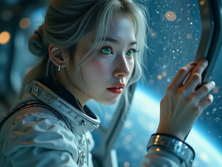 Close-up , Space and astronauts, she has Messy silver hair,blue eyes, wearing Space Helmet, Colored stars in the eyes, A radiant glow, features a striking portrait of a female astronaut gazing longingly out the window of a sleek, metallic space station. He...