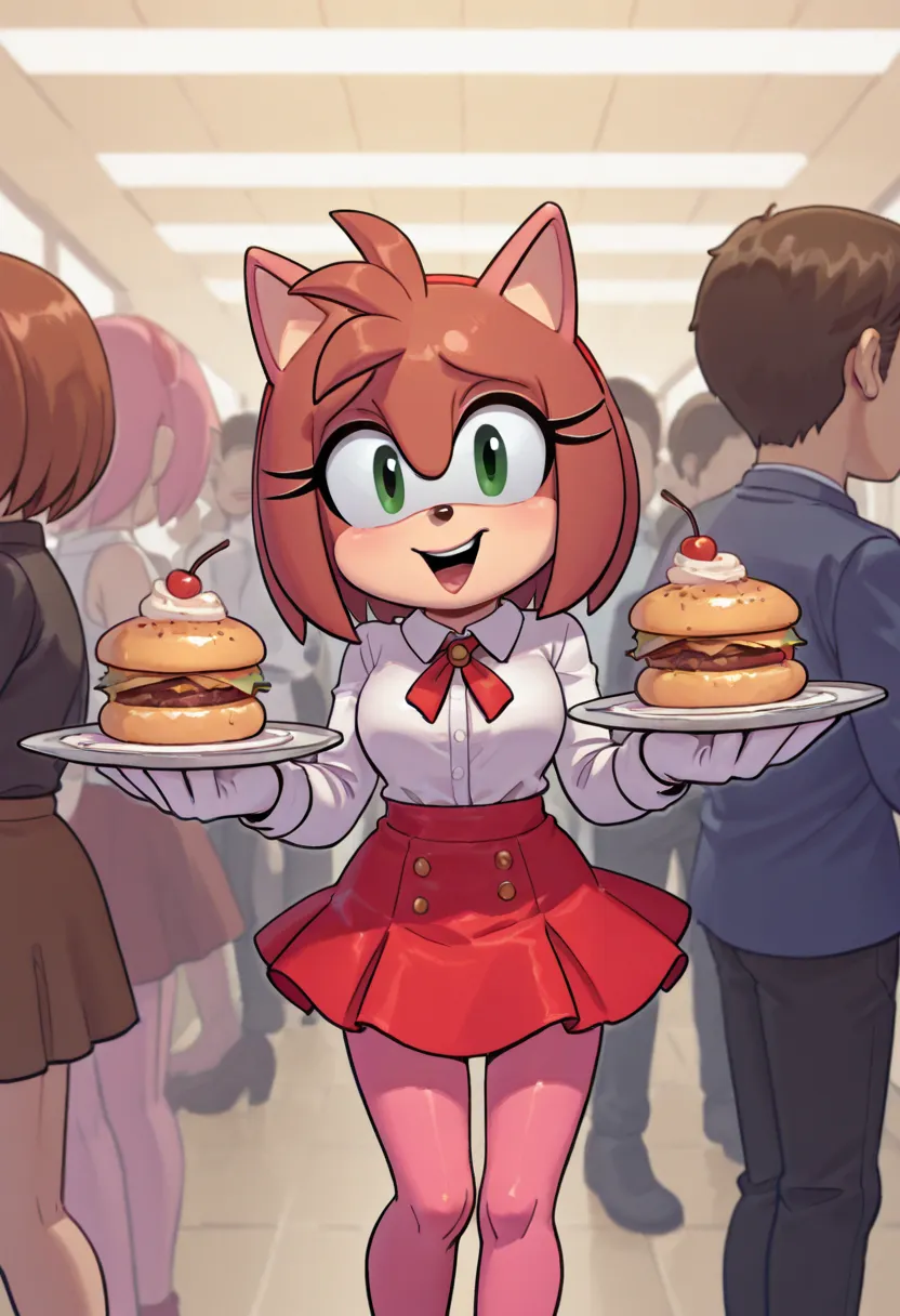 people with their backs to the camera working around tables with food on them, skirt, multiple girls, brown hair Amy Rose