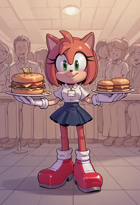 people with their backs to the camera working around tables with food on them, skirt, multiple girls, brown hair Amy Rose