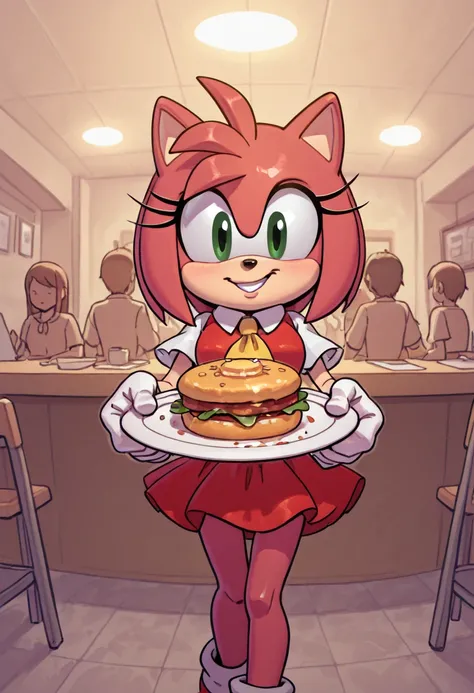 people with their backs to the camera working around tables with food on them, skirt, multiple girls, brown hair Amy Rose