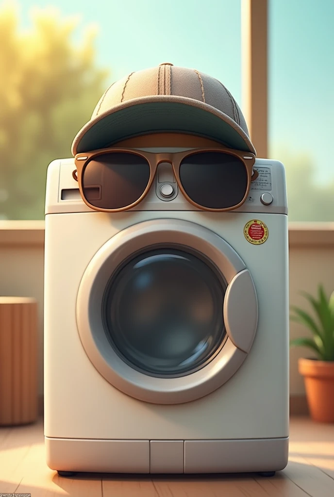 Create an image of a washing machine with sunglasses and a cap facing backwards 