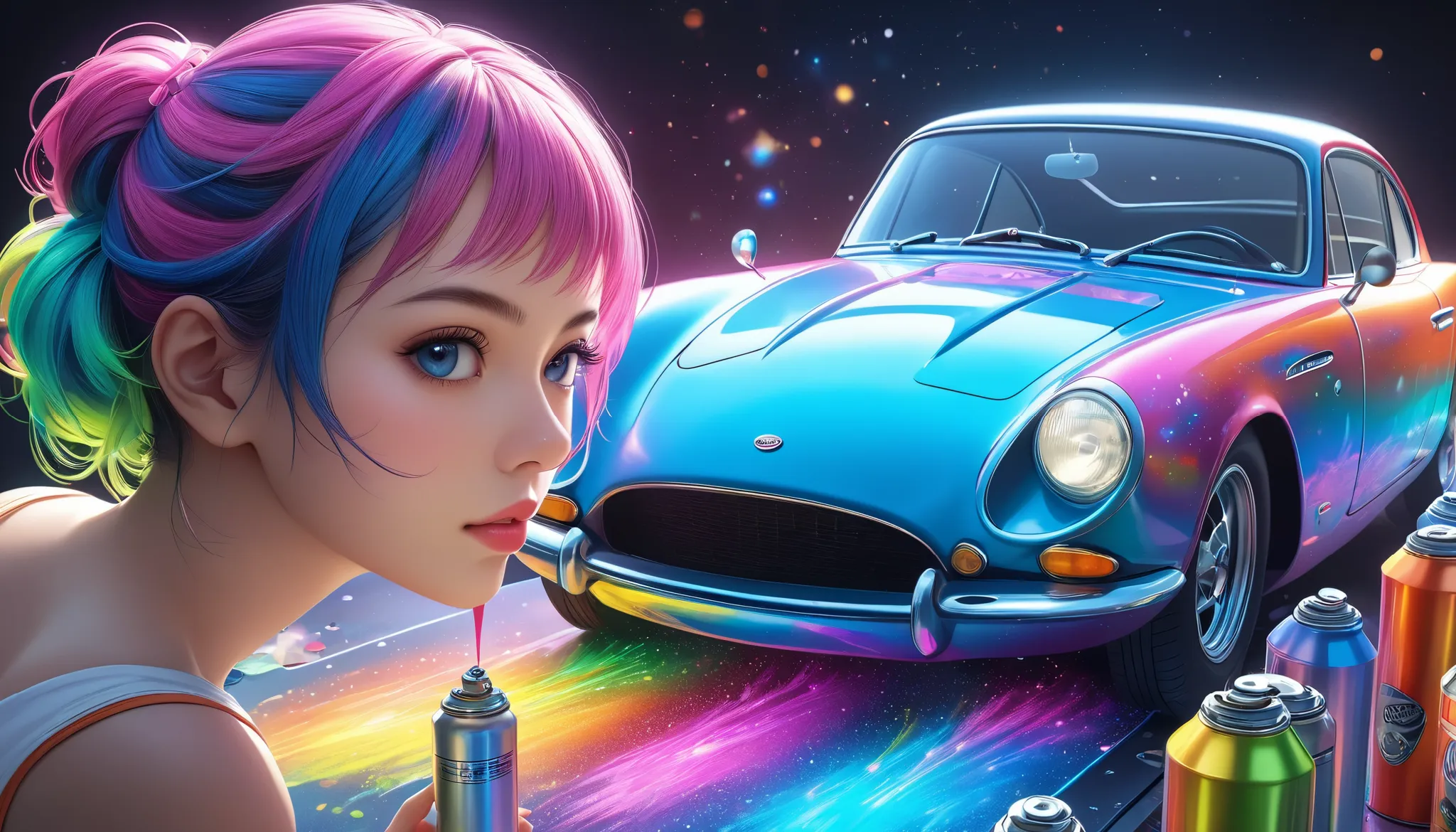 a beautiful girl painting a vintage sports car with spray cans, dolshy, girl with colorful hair and detailed face, hyperrealistic 8k digital illustration, neon circuit lines, celestial cosmic background, studio lighting, vibrant colors, dynamic energy, int...