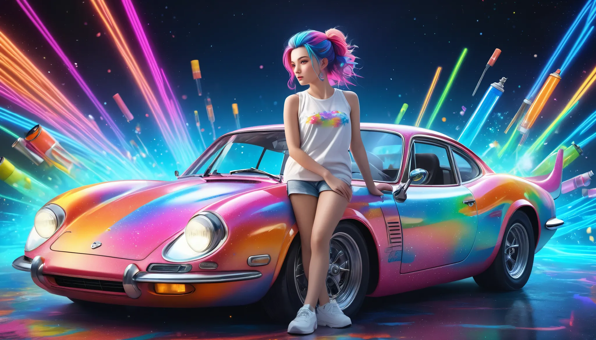 a beautiful girl painting a vintage sports car with spray cans, dolshy, girl with colorful hair and detailed face, hyperrealistic 8k digital illustration, neon circuit lines, celestial cosmic background, studio lighting, vibrant colors, dynamic energy, int...