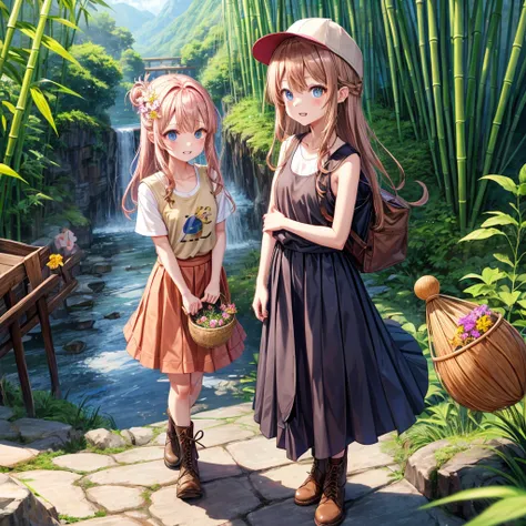 pink brown brown gold hair、  blue eyes、  Has hair tied  、Two cute people、  check mini skirt、  black t-shirt、 Light clothing、  tank top、  camisole、 high socks、 Boots、 teeth inside、  The Road Is Crooked 、Mountain々、Stick together  、 bamboo forest、 chest pocke...