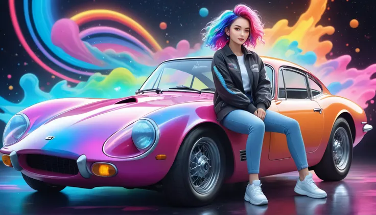 a beautiful girl painting a vintage sports car with spray cans, dolshy, girl with colorful hair and detailed face, hyperrealistic 8k digital illustration, neon circuit lines, celestial cosmic background, studio lighting, vibrant colors, dynamic energy, int...