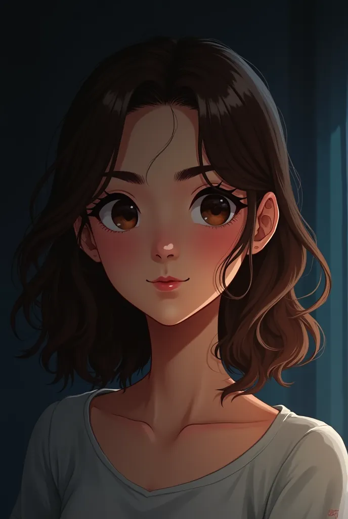 A semi anime illustration of a young woman with a round face, wavy, short brown hair, arched and marked eyebrows, and a slight tan. She is around . The lighting is very cold The background is dark