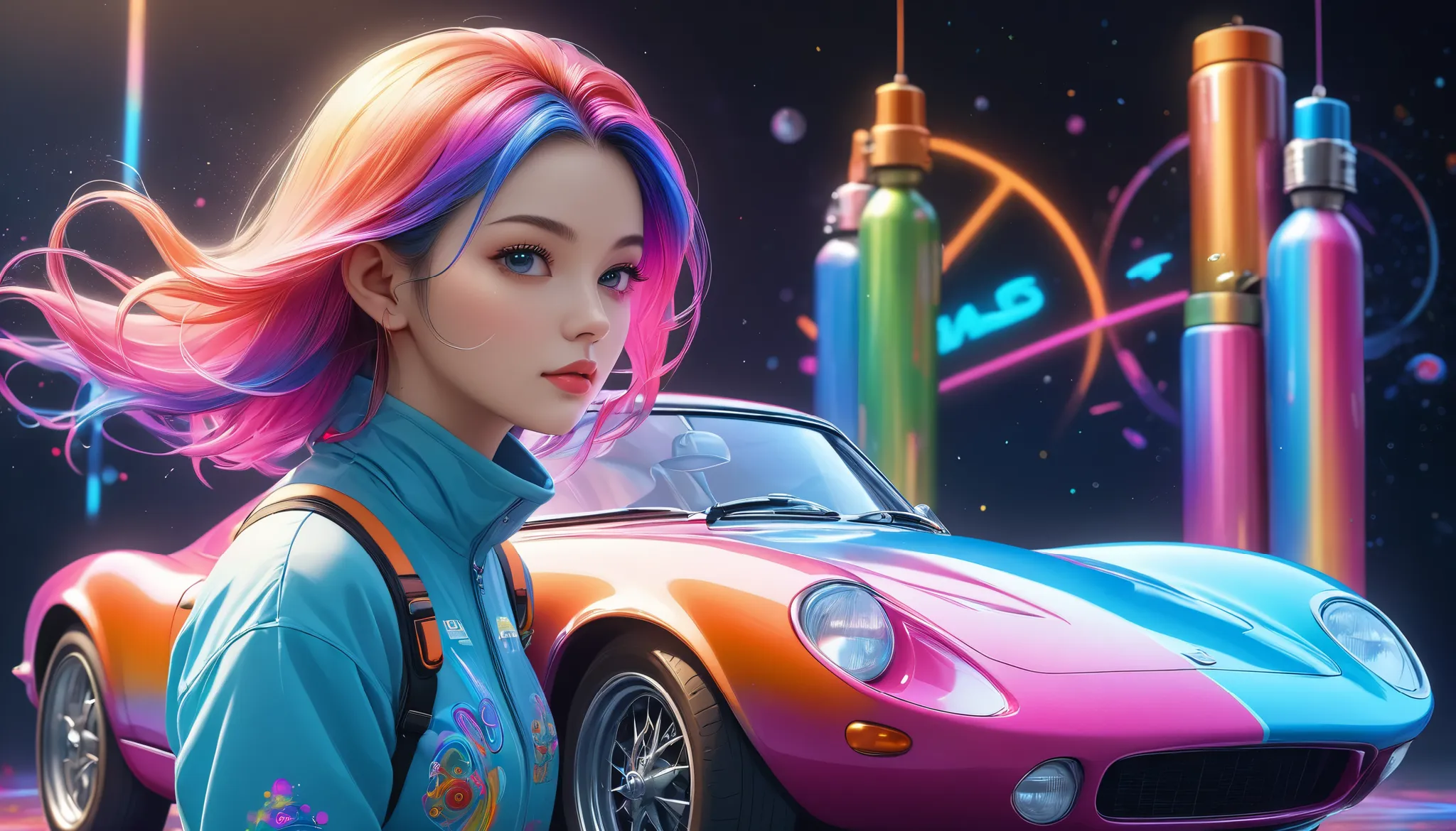 a beautiful girl painting a vintage sports car with spray cans, dolshy, girl with colorful hair and detailed face, hyperrealistic 8k digital illustration, neon circuit lines, celestial cosmic background, studio lighting, vibrant colors, dynamic energy, int...