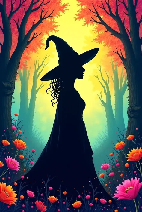 Silhouette of a witch with curlers in a rainbow forest, trees and flowers 