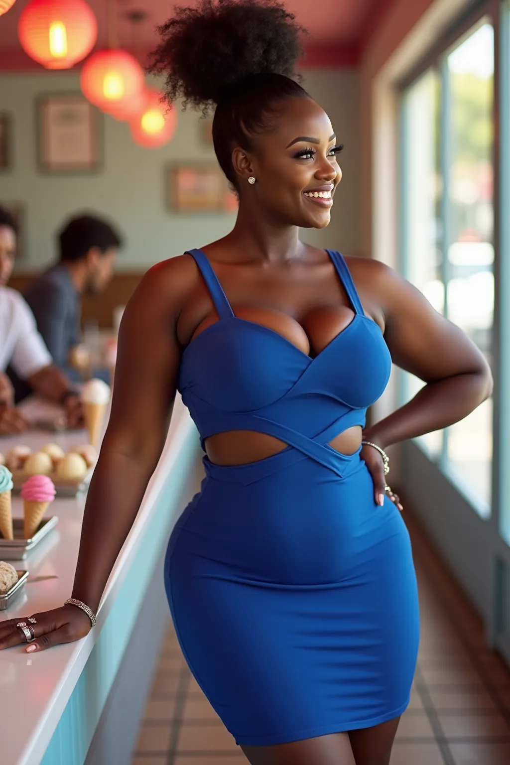 A curvaceous Black woman in a cobalt blue bodycon mini dress with an open back detail in a brightly lit ice cream parlor, highlighting silver stacked rings and dainty ballet flats, her hair in a high, bouncy ponytail.

