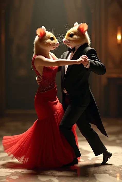 Mafia hamster. Couple. Dress and suit. Tango. Dance. Dancing on the floor. Elegant. Aesthetic. 8k. 4k. Sharp focus.