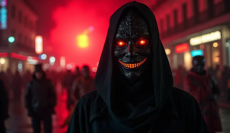  An enigmatic and dark image from Carnival 2025 .  in the center,  a masked figure with glowing eyes and an enigmatic smile ,  emanating a mysterious energy . Behind her,  a Carnival parade with vibrant colors ,  but with a dark tone ,  where hidden and es...