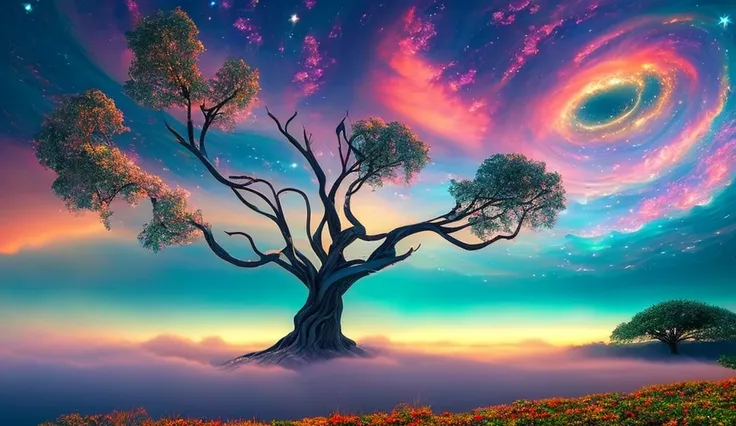 A massive tree is suspended upside-down in the sky, its vast roots woven into dense, misty clouds, pulsing with hidden life. Below, a small girl in a blue sundress stands barefoot on a sunlit field, reaching out to grasp a radiant silver flower that dangle...