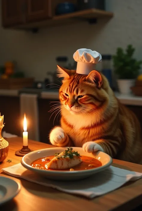 "A fluffy orange tabby cat with white paws and a striped tail sits at a candlelit dining table, enjoying a delicious homemade fish stew. The cat takes a small, delicate bite, its whiskers twitching in satisfaction. Its eyes are half-closed as it purrs cont...