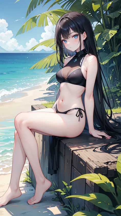  photos of long straight black hair , swimsuit,  blue eyes， Holding a soda , Relaxation posture, sit, review, HEALTHY SKIN , Outdoor scenery, Blue sky, Bright natural lighting ,  and the sun shines in from the top left, Warm and soft atmosphere, Side Angle...