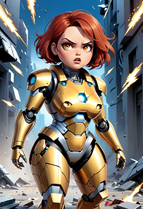  Time travel to the past of a chubby Terminator-style robot girl with golden red hair with cracked clothes disintegrating,   in the Germany of the 2 * Gusta Mundial .