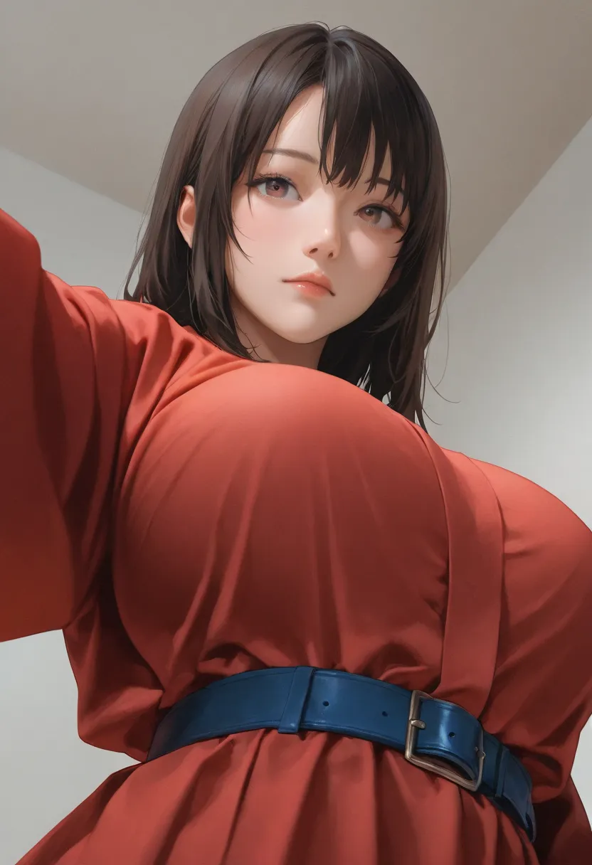 8k,  best quality,  masterpiece,  super high resolution, ( realism: 1.4),  ( dynamic angle),  original pictures , ( realistic skin texture: 1.3), (Big Breasts 1.2), ( Film Grain: 1.3), ( selfie angle ),  1 girl, red robe and blue belt,  beautiful eye and f...