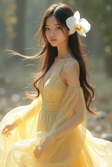 A beautiful girl in a light yellow long dress, with long hair, holds a white orchid flower in her hair.